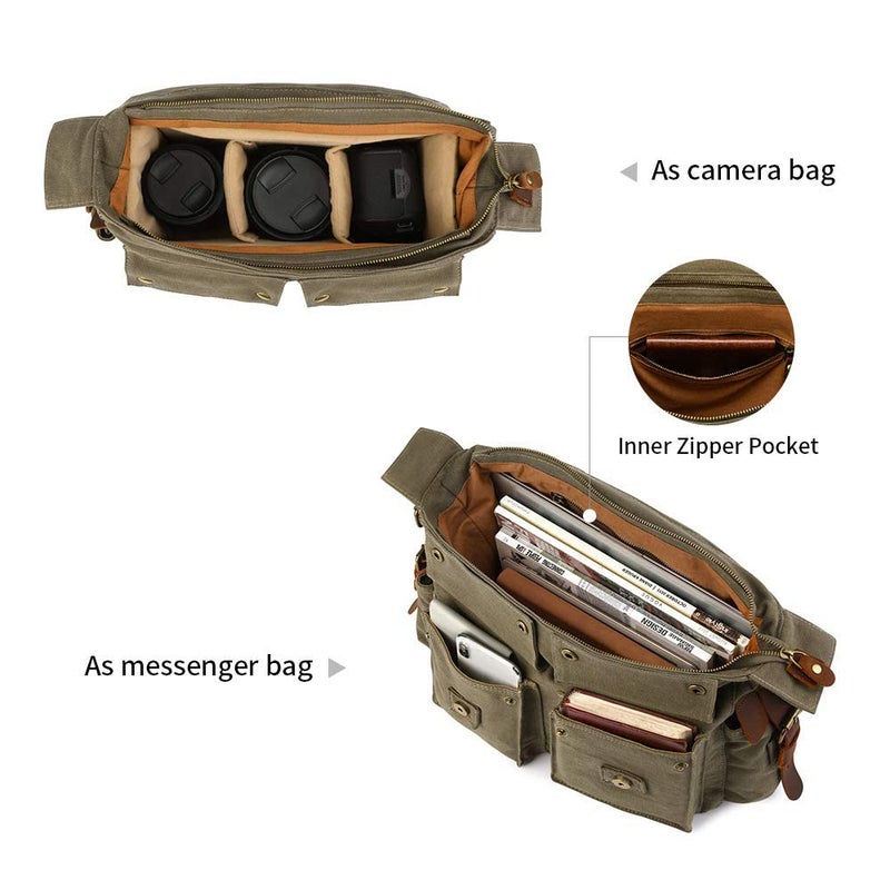 Kattee Leather Canvas Camera Bags for Men Vintage DSLR SLR Messenger Shoulder Bags - Image 4
